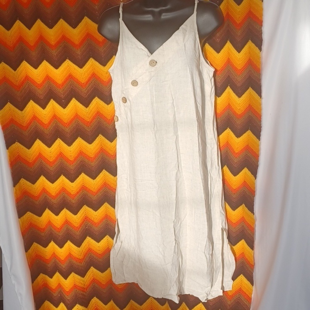 Timing Linen Blend Midi Dress, Cream, Adjustable Strap, Sz S, 18" PTP, 38"L